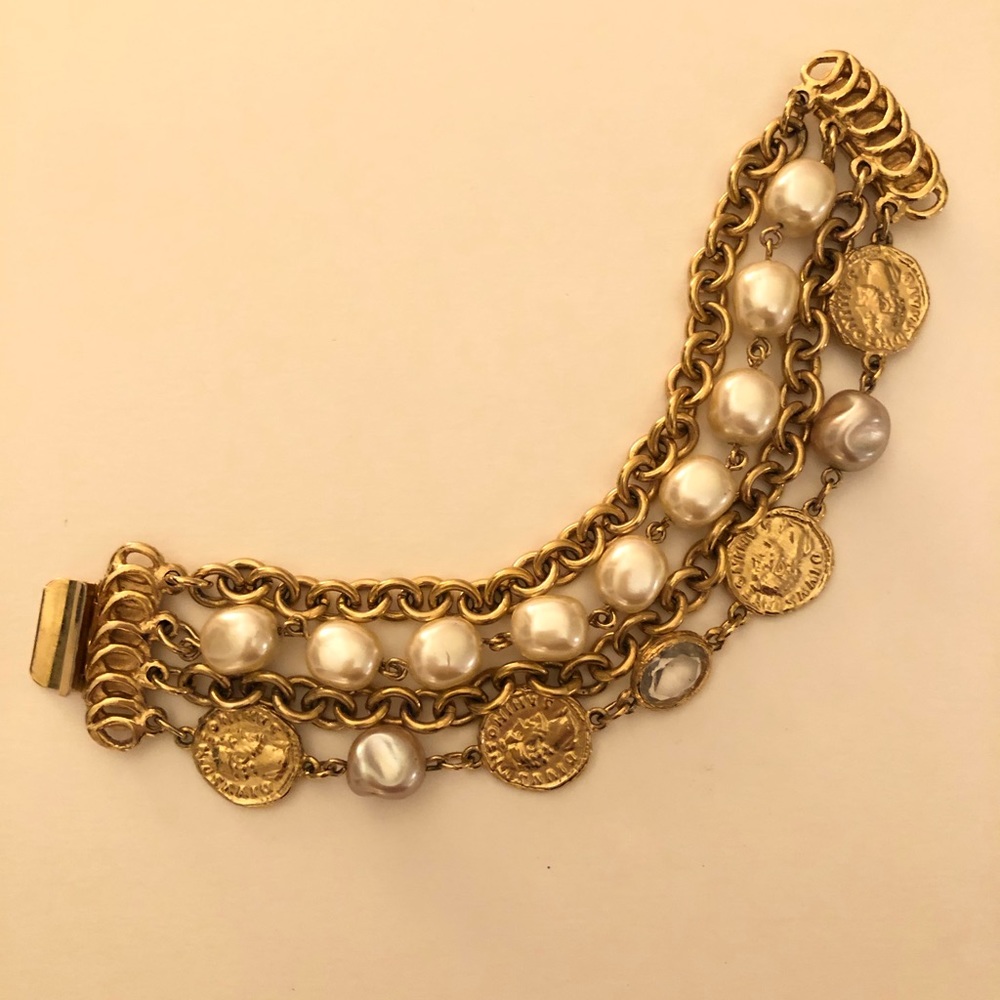 Gold, pearl and coin bracelet.